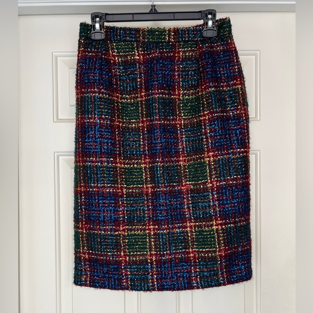 Vtg Terry Made In France Women's Plaid Metallic Gold Tweed Skirt Size 10 Holiday
